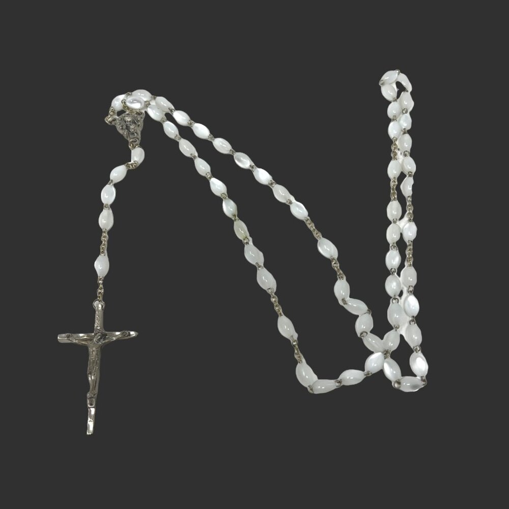 Vintage Rosary White Beads Metal Italy‎ 30" Five Decade